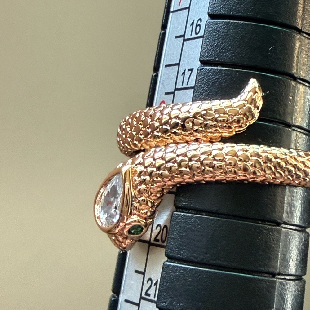 NEW!Pretty Bird Rose Gold Snake Wrap Ring with Clear Teardrop Stone & Green Eyes - Picture 10 of 11